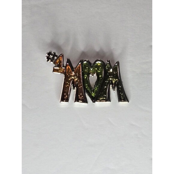 #1 Mom Pin Brooch Silver Tone Green Orange Sparkly - Picture 2 of 5